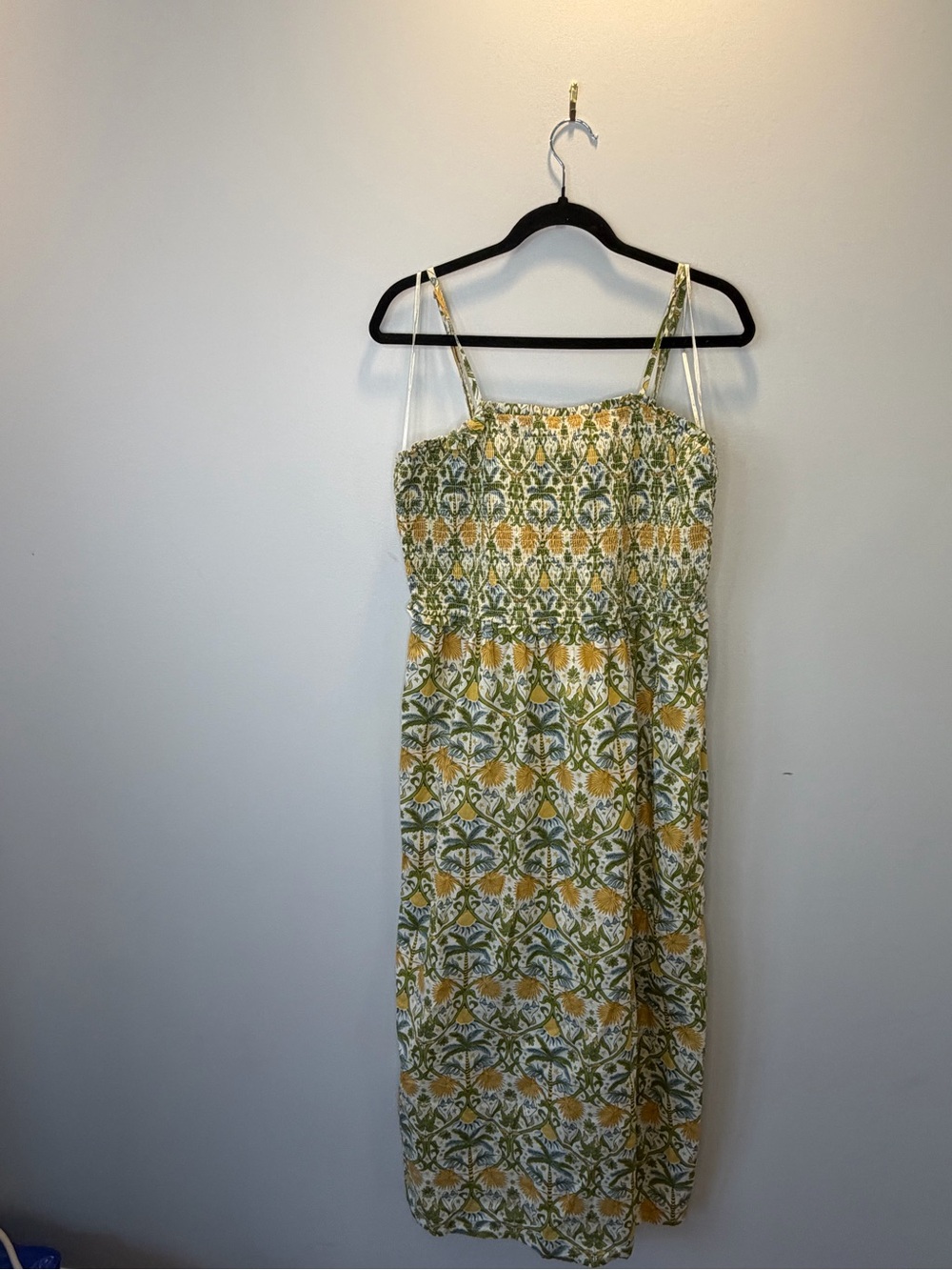 Yellow and Green Floral Smocked Midi Dress